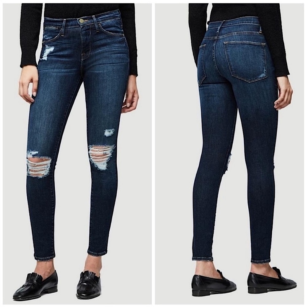 Frame Denim Montclair Le High Skinny Dark Wash Distressed Jeans Raw Fringe Hem